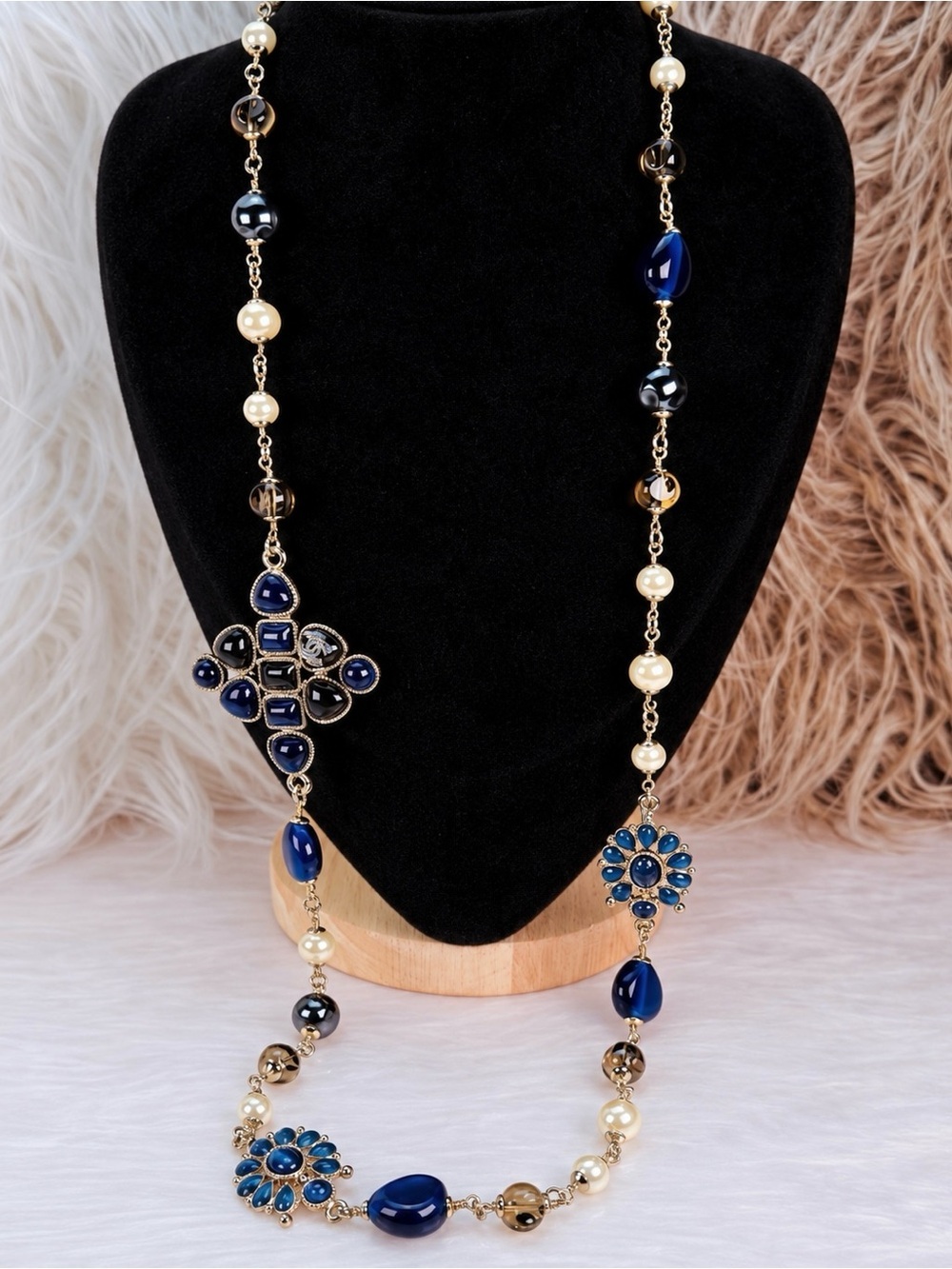 Aged goldtone and blue long layering, 30 inch costume necklace